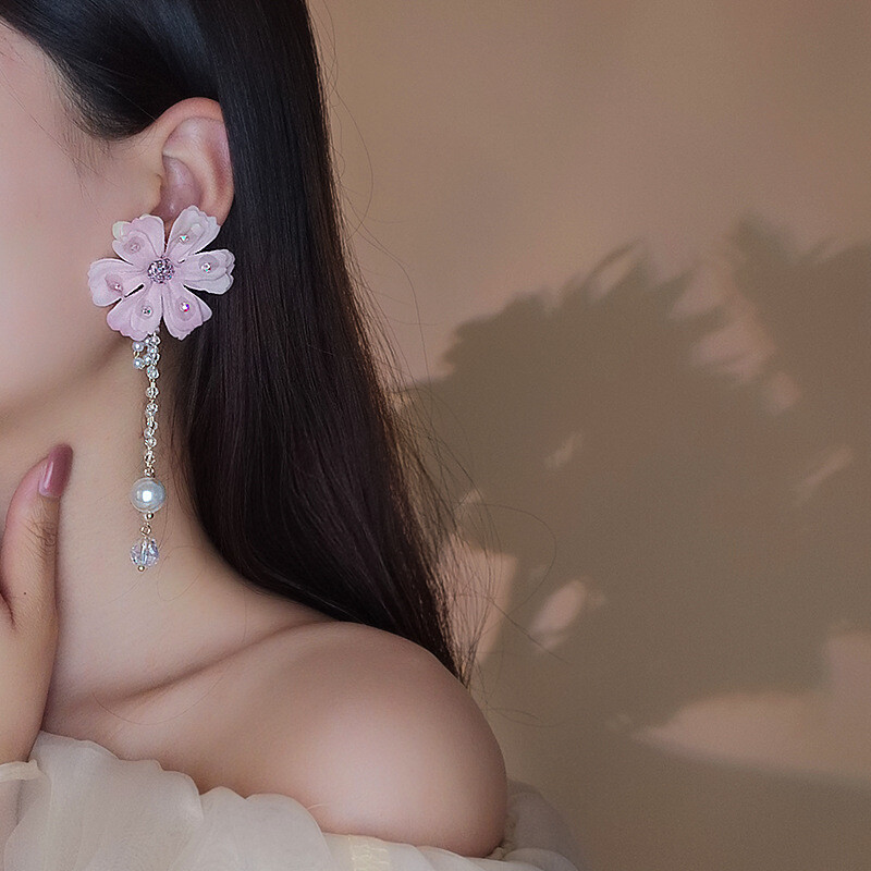 Ružové kvety, super víla, strapcové náušnice, japonské a kórejské letné kvety, perly, dlhé náušnice, individuálny temperament, strieborné ihlové náušnice