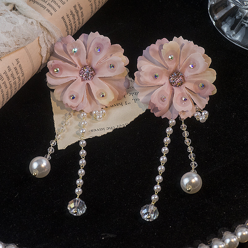 Ružové kvety, super víla, strapcové náušnice, japonské a kórejské letné kvety, perly, dlhé náušnice, individuálny temperament, strieborné ihlové náušnice