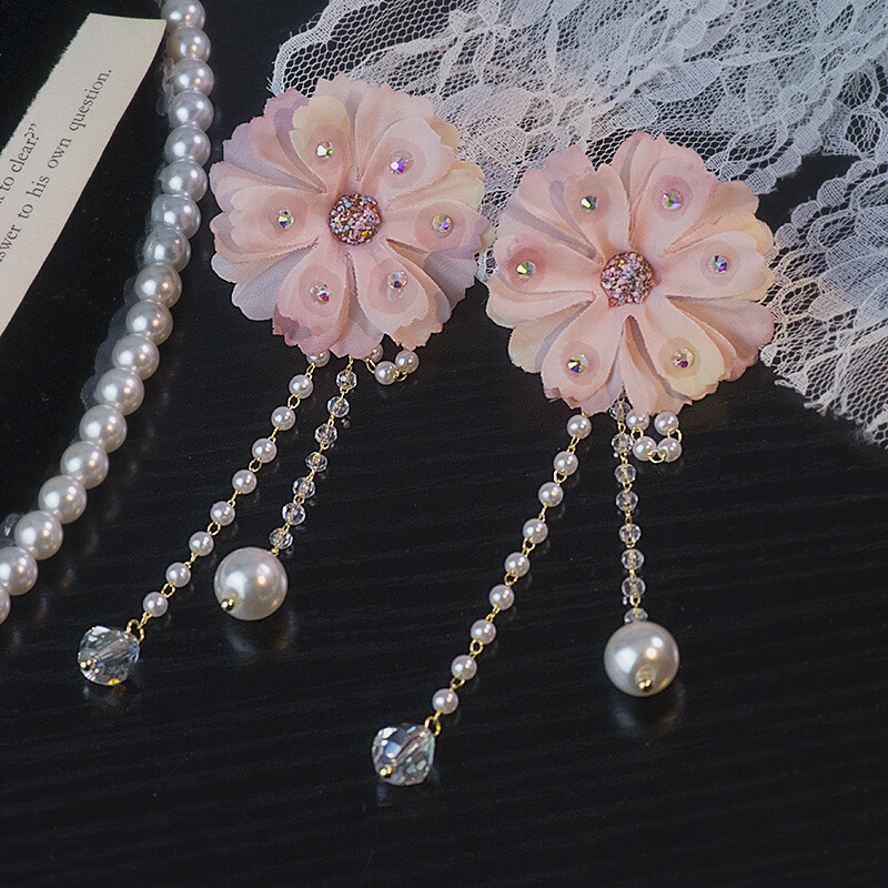 Ružové kvety, super víla, strapcové náušnice, japonské a kórejské letné kvety, perly, dlhé náušnice, individuálny temperament, strieborné ihlové náušnice