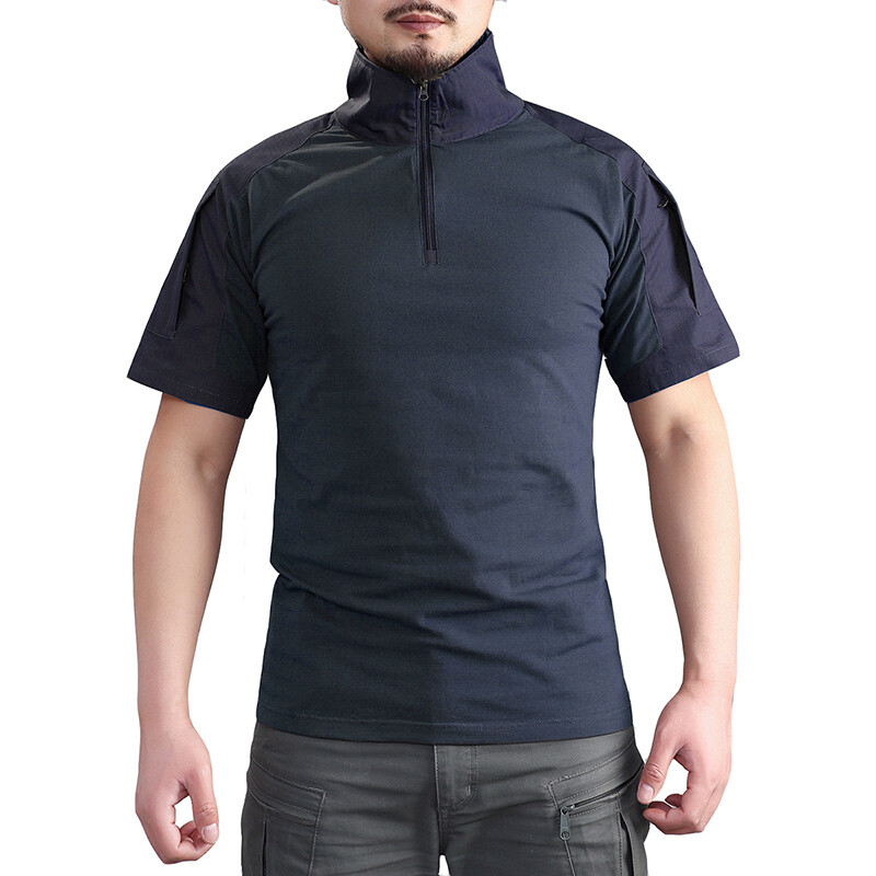 Vasaras cīņas krekls ar īsām piedurknēm vīriešu 1/4 rāvējslēdzēja kokvilnas taktiskais T krekls tumši zils āra krekli ar rāvējslēdzēja kabatu