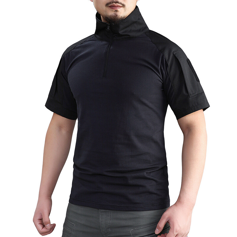 Vasaras cīņas krekls ar īsām piedurknēm vīriešu 1/4 rāvējslēdzēja kokvilnas taktiskais T krekls tumši zils āra krekli ar rāvējslēdzēja kabatu