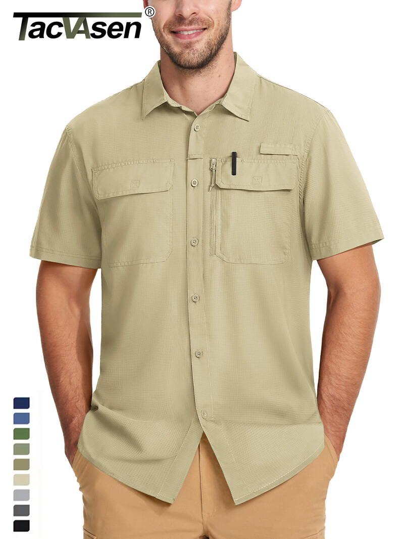 Pánske rybárske košele TACVASEN s krátkym rukávom, ochrana pred slnkom UPF 50+, cargo pracovné košele, sieťované, priedušné, rýchloschnúce, turistické košele