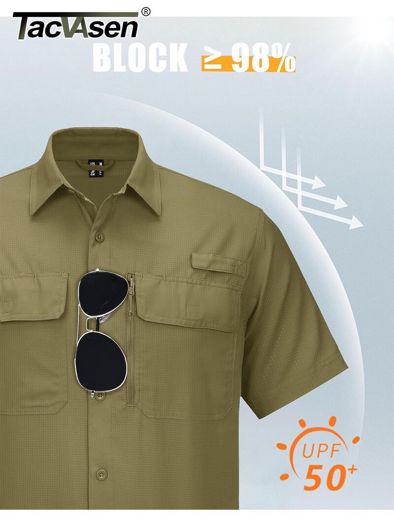 Pánske rybárske košele TACVASEN s krátkym rukávom, ochrana pred slnkom UPF 50+, cargo pracovné košele, sieťované, priedušné, rýchloschnúce, turistické košele