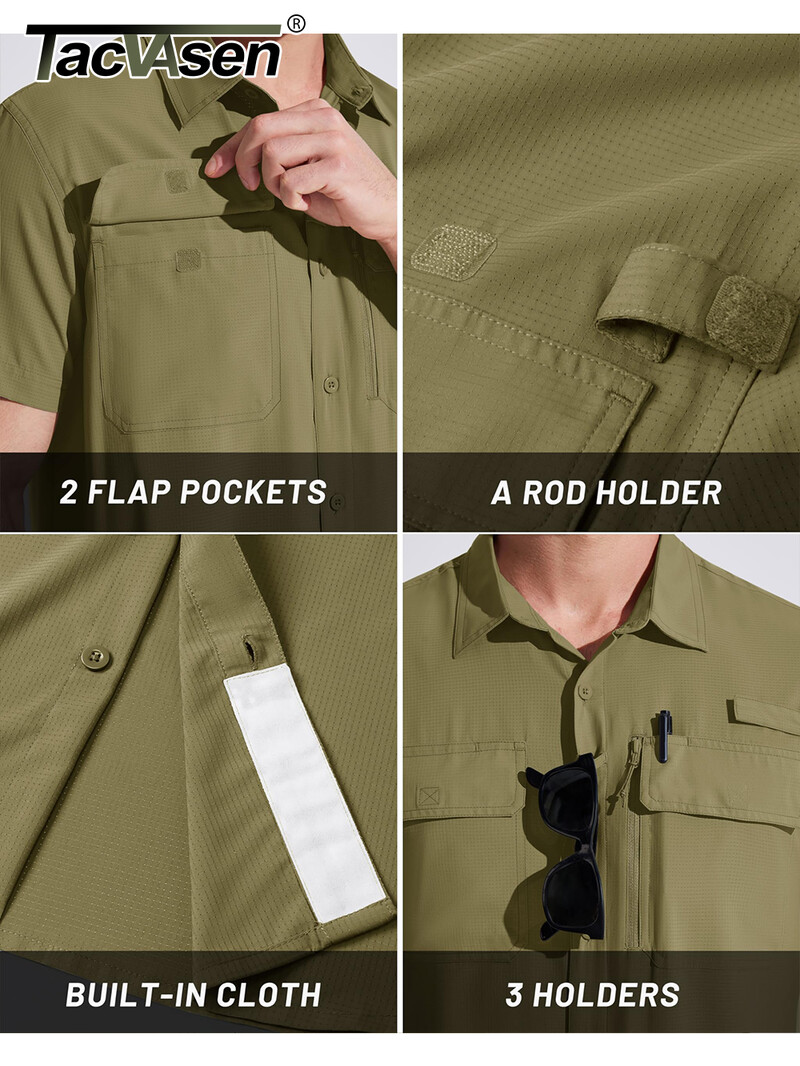 Pánske rybárske košele TACVASEN s krátkym rukávom, ochrana pred slnkom UPF 50+, cargo pracovné košele, sieťované, priedušné, rýchloschnúce, turistické košele