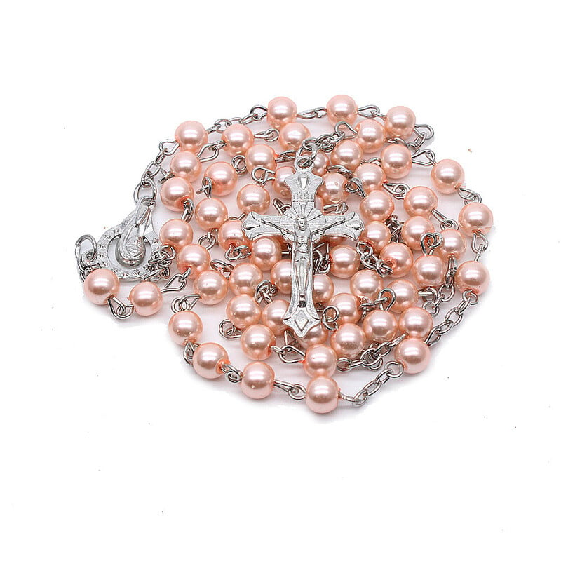 Foreign trade e-commerce jewelry 6mm white pink pearl rosary necklace cross necklace jewelry