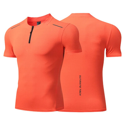 Muške fitness Ice Svilene sportske uske majice za trening za trčanje Dry Fit kratkih rukava s pola patentnim zatvaračem Bodybuilding majica Muscle Fit T-shirt