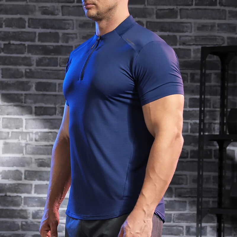 Muške fitness Ice Svilene sportske uske majice za trening za trčanje Dry Fit kratkih rukava s pola patentnim zatvaračem Bodybuilding majica Muscle Fit T-shirt