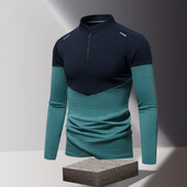 Minimalistické jesenné nové pánske tričká s dlhým rukávom, kontrastnou farbou a polovičným zipsom s výstrihom do O-krku, patchworkom a ľadovým hodvábom, športové, ležérne