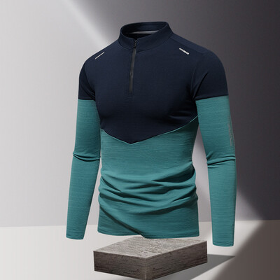Minimalistické jesenné nové pánske tričká s dlhým rukávom, kontrastnou farbou a polovičným zipsom s výstrihom do O-krku, patchworkom a ľadovým hodvábom, športové, ležérne