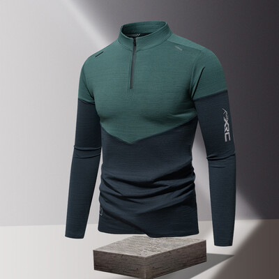 Minimalistické jesenné nové pánske tričká s dlhým rukávom, kontrastnou farbou a polovičným zipsom s výstrihom do O-krku, patchworkom a ľadovým hodvábom, športové, ležérne
