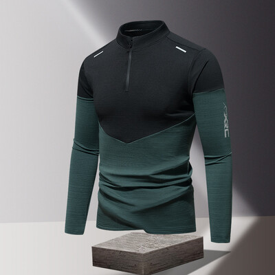 Minimalistické jesenné nové pánske tričká s dlhým rukávom, kontrastnou farbou a polovičným zipsom s výstrihom do O-krku, patchworkom a ľadovým hodvábom, športové, ležérne
