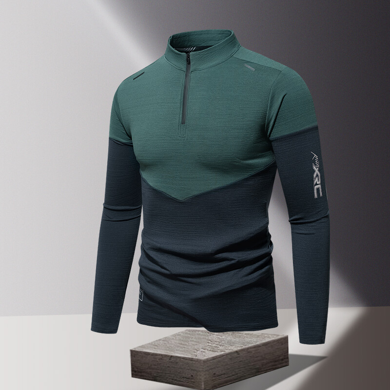 Minimalistické jesenné nové pánske tričká s dlhým rukávom, kontrastnou farbou a polovičným zipsom s výstrihom do O-krku, patchworkom a ľadovým hodvábom, športové, ležérne