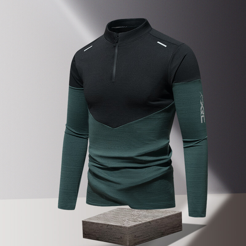 Minimalistické jesenné nové pánske tričká s dlhým rukávom, kontrastnou farbou a polovičným zipsom s výstrihom do O-krku, patchworkom a ľadovým hodvábom, športové, ležérne