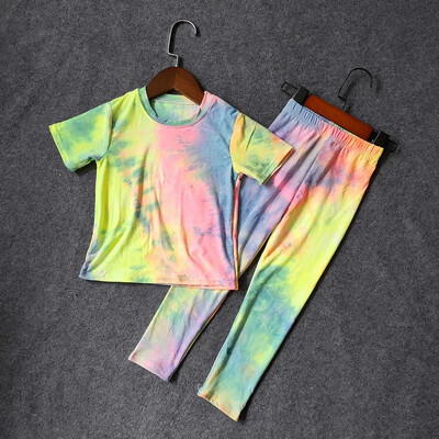 Majice za djevojčice i odijela s dugim hlačama Ljetni Tie Dye print Dječje majice za djevojčice Majice s V-izrezom Dječji uski komplet sportske odjeće