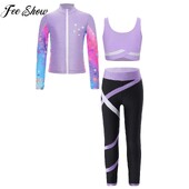 Sportska odjeća za vježbanje za djecu, djevojčice, bez rukava, majica s U izrezom i hlače s nogavicama s printom dugih rukava i patentnim zatvaračem sprijeda