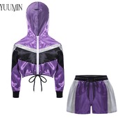 Detská dievčenská saténová bunda s dlhým rukávom a kapucňou, zips, orezaná s kraťasmi, sada na šport, baseball, beh, jogging, fitness a cvičenie