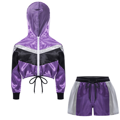 Detská dievčenská saténová bunda s dlhým rukávom a kapucňou, zips, orezaná s kraťasmi, sada na šport, baseball, beh, jogging, fitness a cvičenie
