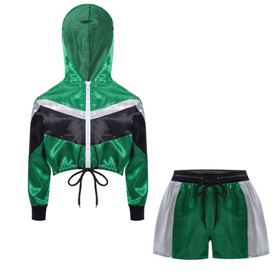 Detská dievčenská saténová bunda s dlhým rukávom a kapucňou, zips, orezaná s kraťasmi, sada na šport, baseball, beh, jogging, fitness a cvičenie