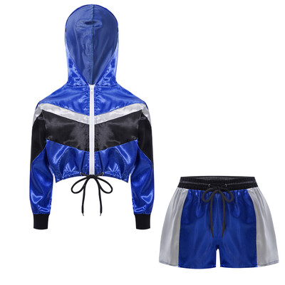 Detská dievčenská saténová bunda s dlhým rukávom a kapucňou, zips, orezaná s kraťasmi, sada na šport, baseball, beh, jogging, fitness a cvičenie