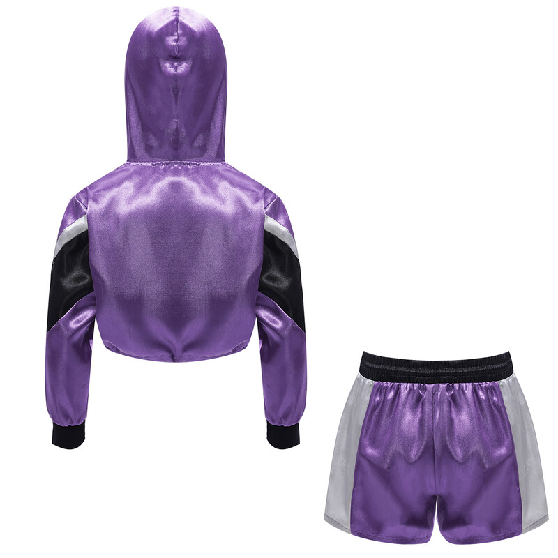 Detská dievčenská saténová bunda s dlhým rukávom a kapucňou, zips, orezaná s kraťasmi, sada na šport, baseball, beh, jogging, fitness a cvičenie