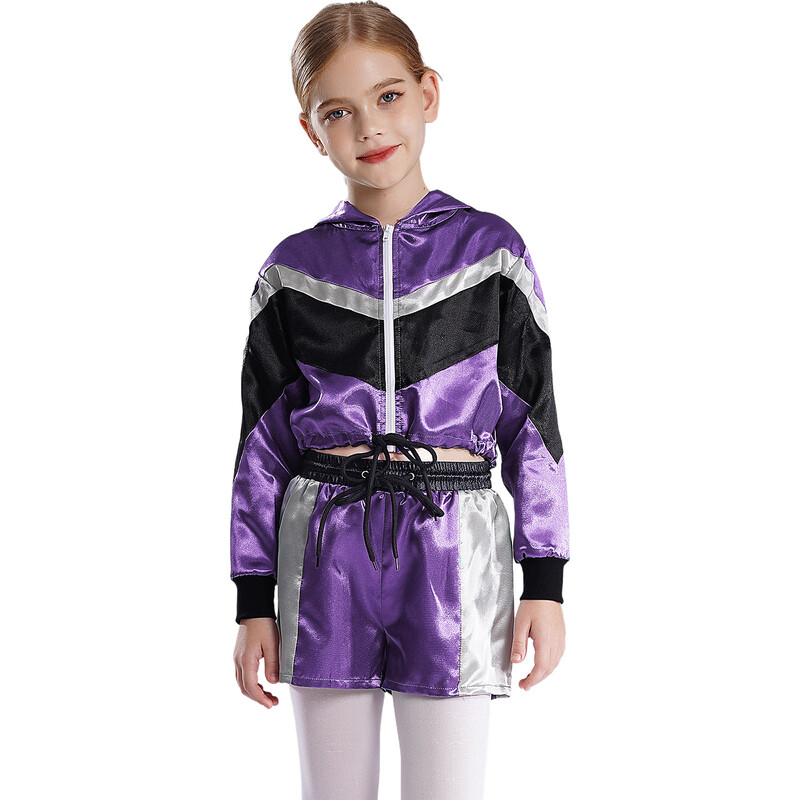 Detská dievčenská saténová bunda s dlhým rukávom a kapucňou, zips, orezaná s kraťasmi, sada na šport, baseball, beh, jogging, fitness a cvičenie