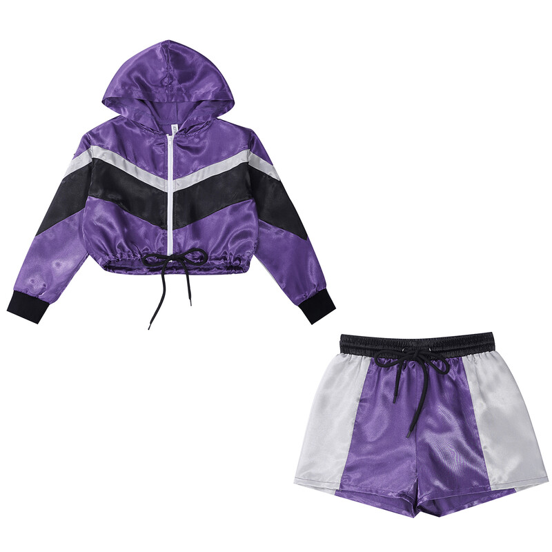 Detská dievčenská saténová bunda s dlhým rukávom a kapucňou, zips, orezaná s kraťasmi, sada na šport, baseball, beh, jogging, fitness a cvičenie