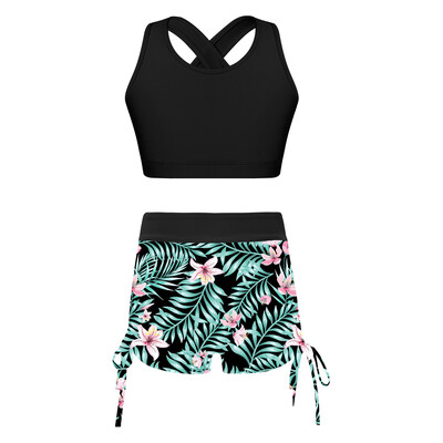 Ljeto, 2 komada dječje i djevojačke majice bez rukava s U izrezom i križanim leđima, kratke hlače s modnim printom za sportsko vježbanje, plivanje