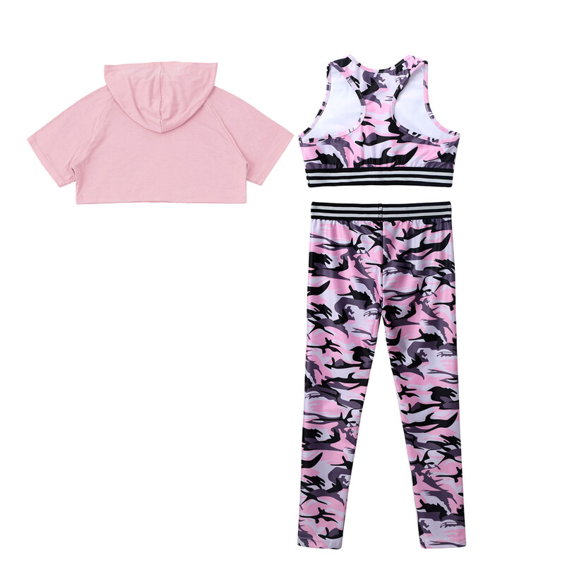 Bērnu sporta komplekti Bērniem meitenēm bez piedurknēm maskēšanās fitnesa kostīmi sporta treniņiem, vingrinājumiem, vingrošanai, apģērbam, sporta tērpam