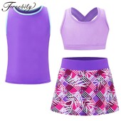 Vaikiški mergaičių 3 vnt. sportiniai kostiumai, vaikiški sportiniai kostiumai „Crop Top Vest“ marginti sijonai, skirti teniso golfo bėgimo treniruotėms jogos rinkiniai