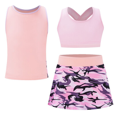 Vaikiški mergaičių 3 vnt. sportiniai kostiumai, vaikiški sportiniai kostiumai „Crop Top Vest“ marginti sijonai, skirti teniso golfo bėgimo treniruotėms jogos rinkiniai