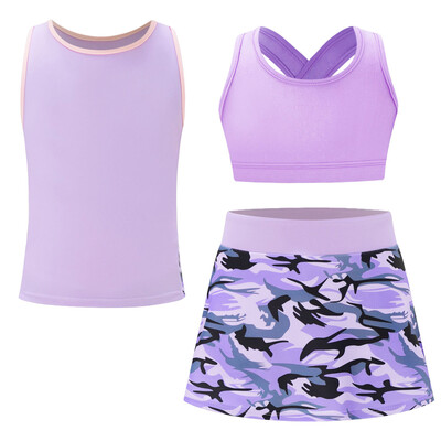 Vaikiški mergaičių 3 vnt. sportiniai kostiumai, vaikiški sportiniai kostiumai „Crop Top Vest“ marginti sijonai, skirti teniso golfo bėgimo treniruotėms jogos rinkiniai