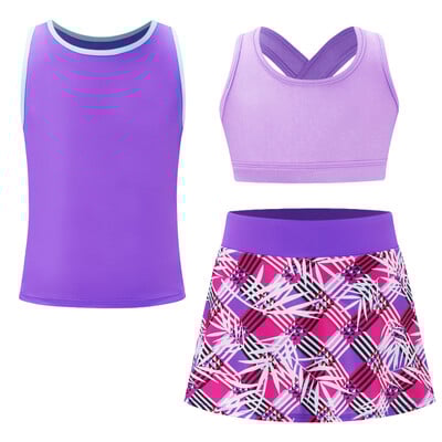 Vaikiški mergaičių 3 vnt. sportiniai kostiumai, vaikiški sportiniai kostiumai „Crop Top Vest“ marginti sijonai, skirti teniso golfo bėgimo treniruotėms jogos rinkiniai