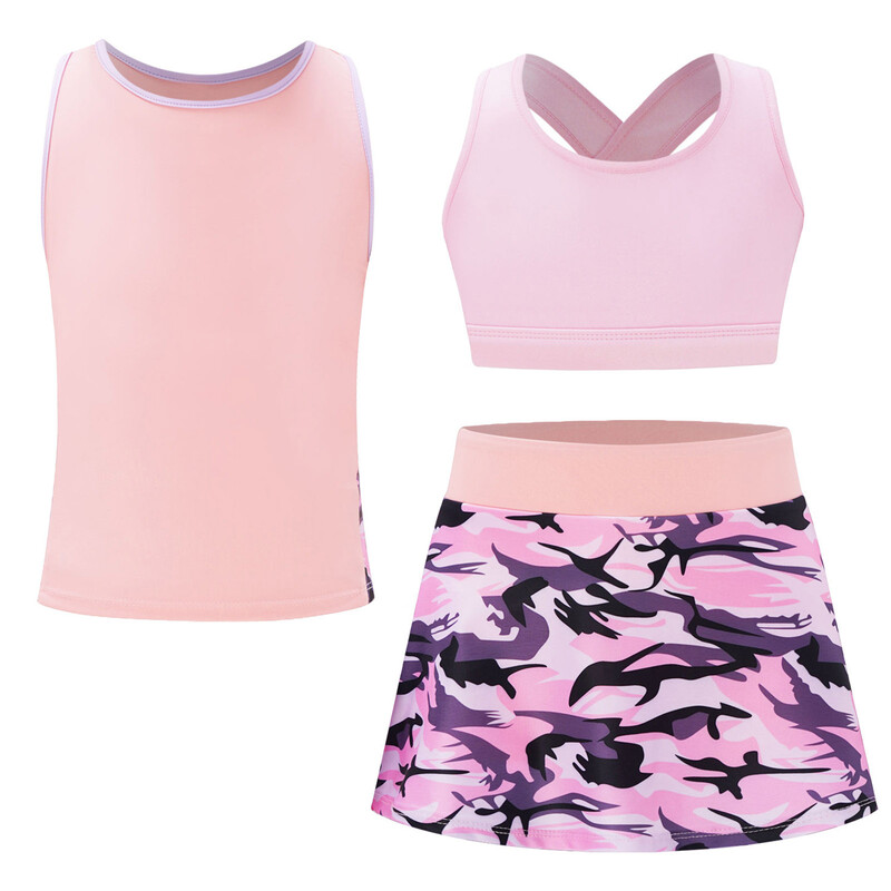 Vaikiški mergaičių 3 vnt. sportiniai kostiumai, vaikiški sportiniai kostiumai „Crop Top Vest“ marginti sijonai, skirti teniso golfo bėgimo treniruotėms jogos rinkiniai