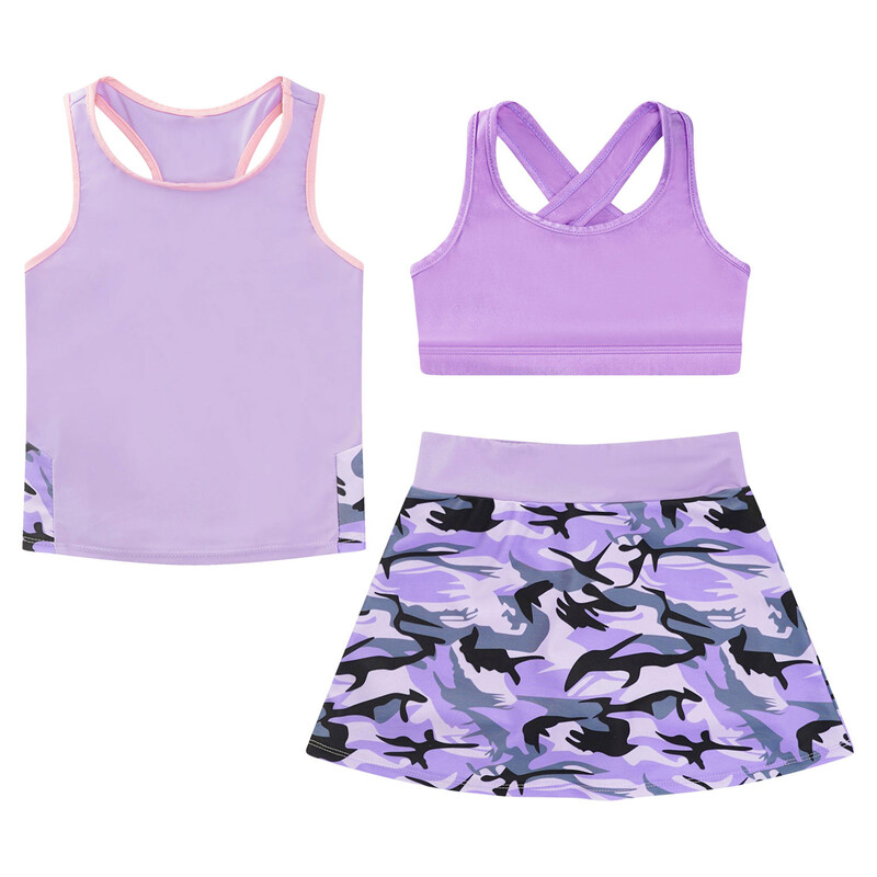 Vaikiški mergaičių 3 vnt. sportiniai kostiumai, vaikiški sportiniai kostiumai „Crop Top Vest“ marginti sijonai, skirti teniso golfo bėgimo treniruotėms jogos rinkiniai
