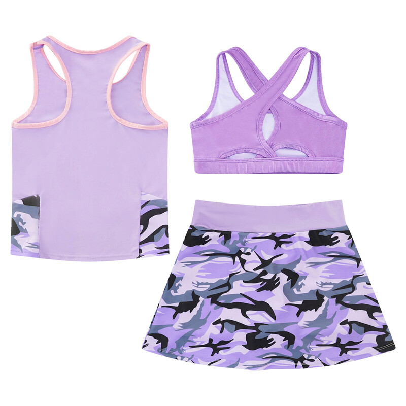 Vaikiški mergaičių 3 vnt. sportiniai kostiumai, vaikiški sportiniai kostiumai „Crop Top Vest“ marginti sijonai, skirti teniso golfo bėgimo treniruotėms jogos rinkiniai