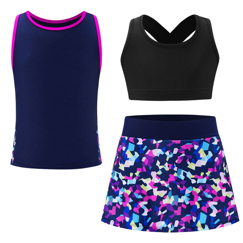 Vaikiški mergaičių 3 vnt. sportiniai kostiumai, vaikiški sportiniai kostiumai „Crop Top Vest“ marginti sijonai, skirti teniso golfo bėgimo treniruotėms jogos rinkiniai