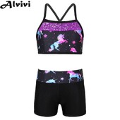 Meiteņu jaukas karikatūras apdrukas sporta tērpi Tankini bezpiedurkņu fliteriem apgriezts tops ar šortiem Baleta deju skriešanas treniņa sporta apģērbs