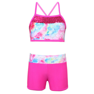 Meiteņu jaukas karikatūras apdrukas sporta tērpi Tankini bezpiedurkņu fliteriem apgriezts tops ar šortiem Baleta deju skriešanas treniņa sporta apģērbs
