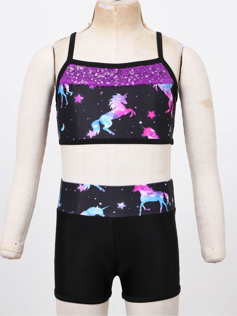 Meiteņu jaukas karikatūras apdrukas sporta tērpi Tankini bezpiedurkņu fliteriem apgriezts tops ar šortiem Baleta deju skriešanas treniņa sporta apģērbs