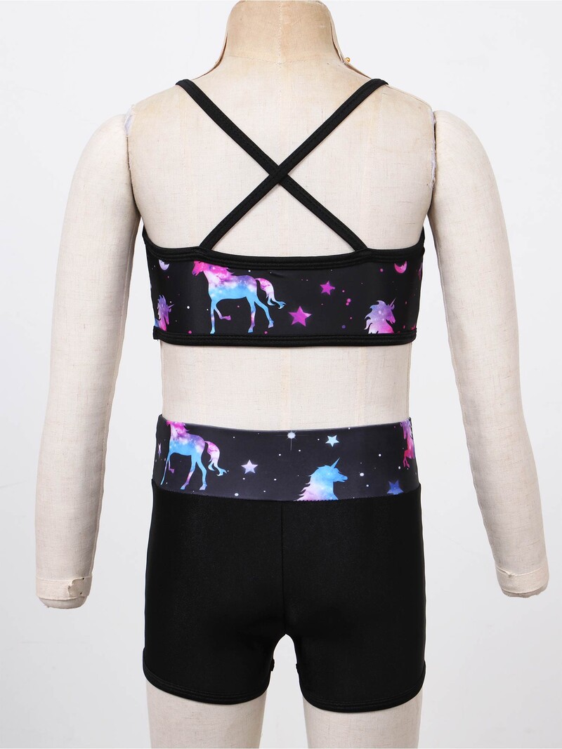 Meiteņu jaukas karikatūras apdrukas sporta tērpi Tankini bezpiedurkņu fliteriem apgriezts tops ar šortiem Baleta deju skriešanas treniņa sporta apģērbs