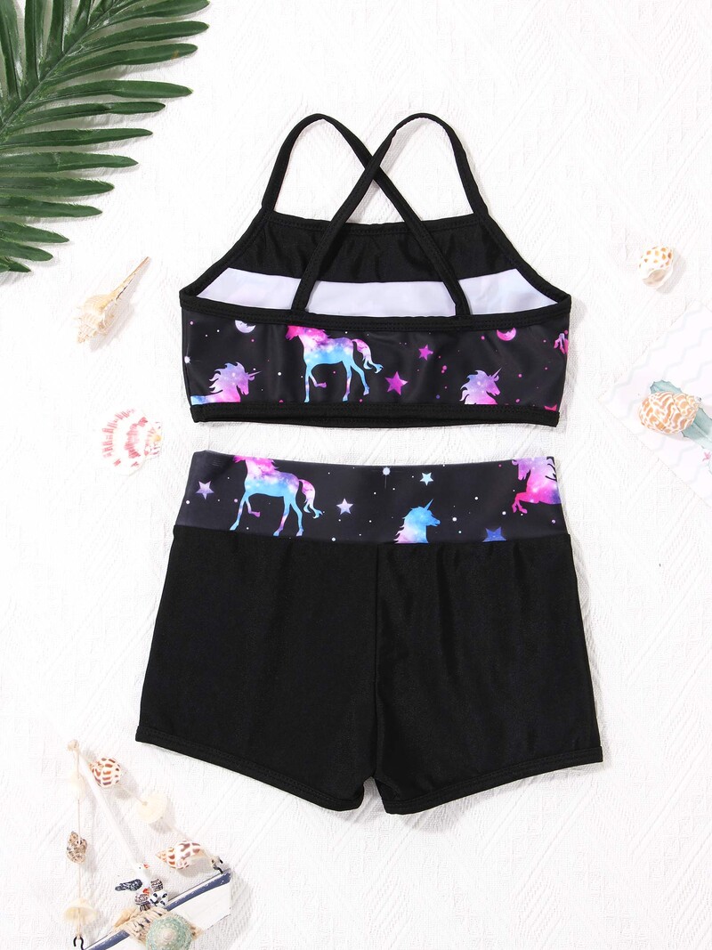 Meiteņu jaukas karikatūras apdrukas sporta tērpi Tankini bezpiedurkņu fliteriem apgriezts tops ar šortiem Baleta deju skriešanas treniņa sporta apģērbs