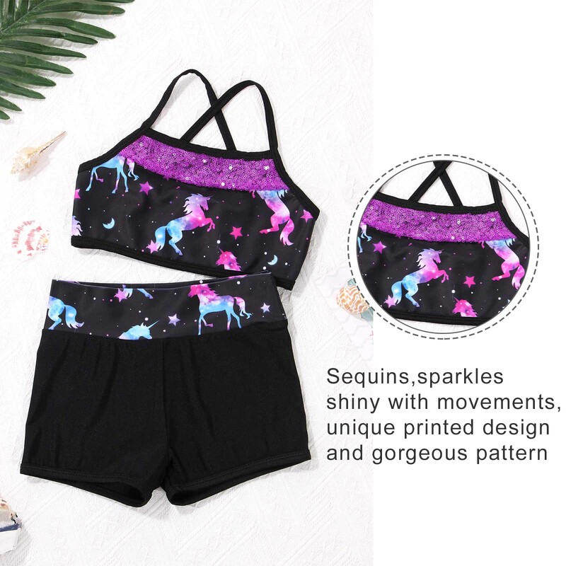 Meiteņu jaukas karikatūras apdrukas sporta tērpi Tankini bezpiedurkņu fliteriem apgriezts tops ar šortiem Baleta deju skriešanas treniņa sporta apģērbs