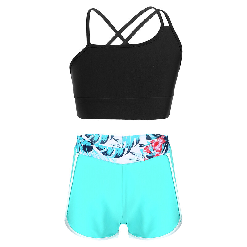 2 komada asimetričnih špageti naramenica za djecu i djevojčice, kratke majice s remenima i elegantnim kratkim hlačama za sportsko vježbanje plivanja