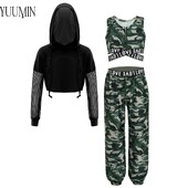 Dječji sportski set za djevojčice HipHop Dance Majice s kapuljačom s uzicom i kratkim rukavima bez rukava i hlače za vježbanje jazz plesa