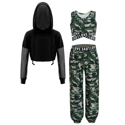 Dječji sportski set za djevojčice HipHop Dance Majice s kapuljačom s uzicom i kratkim rukavima bez rukava i hlače za vježbanje jazz plesa