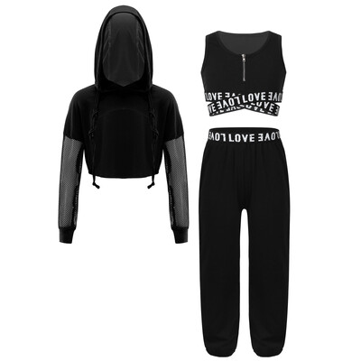 Dječji sportski set za djevojčice HipHop Dance Majice s kapuljačom s uzicom i kratkim rukavima bez rukava i hlače za vježbanje jazz plesa