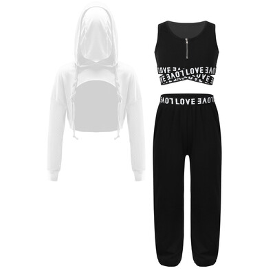 Dječji sportski set za djevojčice HipHop Dance Majice s kapuljačom s uzicom i kratkim rukavima bez rukava i hlače za vježbanje jazz plesa