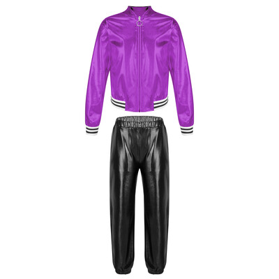 Παιδικό κοριτσίστικο μεταλλικό γυαλιστερό μακρυμάνικο μπουφάν μπουφάν με φερμουάρ με κοστούμι παντελόνι για αθλητική προπόνηση Κοστούμι μπαλέτου τζαζ χορού