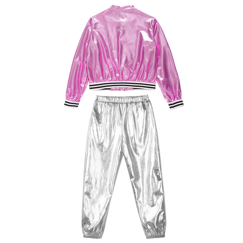 Παιδικό κοριτσίστικο μεταλλικό γυαλιστερό μακρυμάνικο μπουφάν μπουφάν με φερμουάρ με κοστούμι παντελόνι για αθλητική προπόνηση Κοστούμι μπαλέτου τζαζ χορού