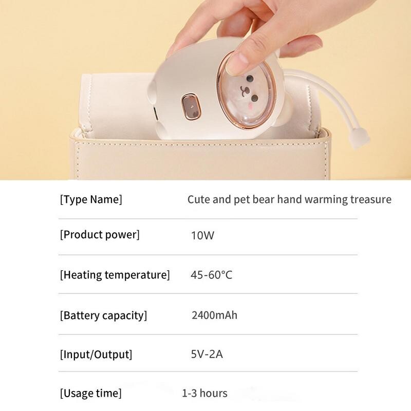 Punjivi grijač za ruke, simpatični medvjedić, višekratni grijač za ruke, ugrađena baterija od 2400 mAh, brzo zagrijavanje, RGB svjetlo, grijaći jastuk